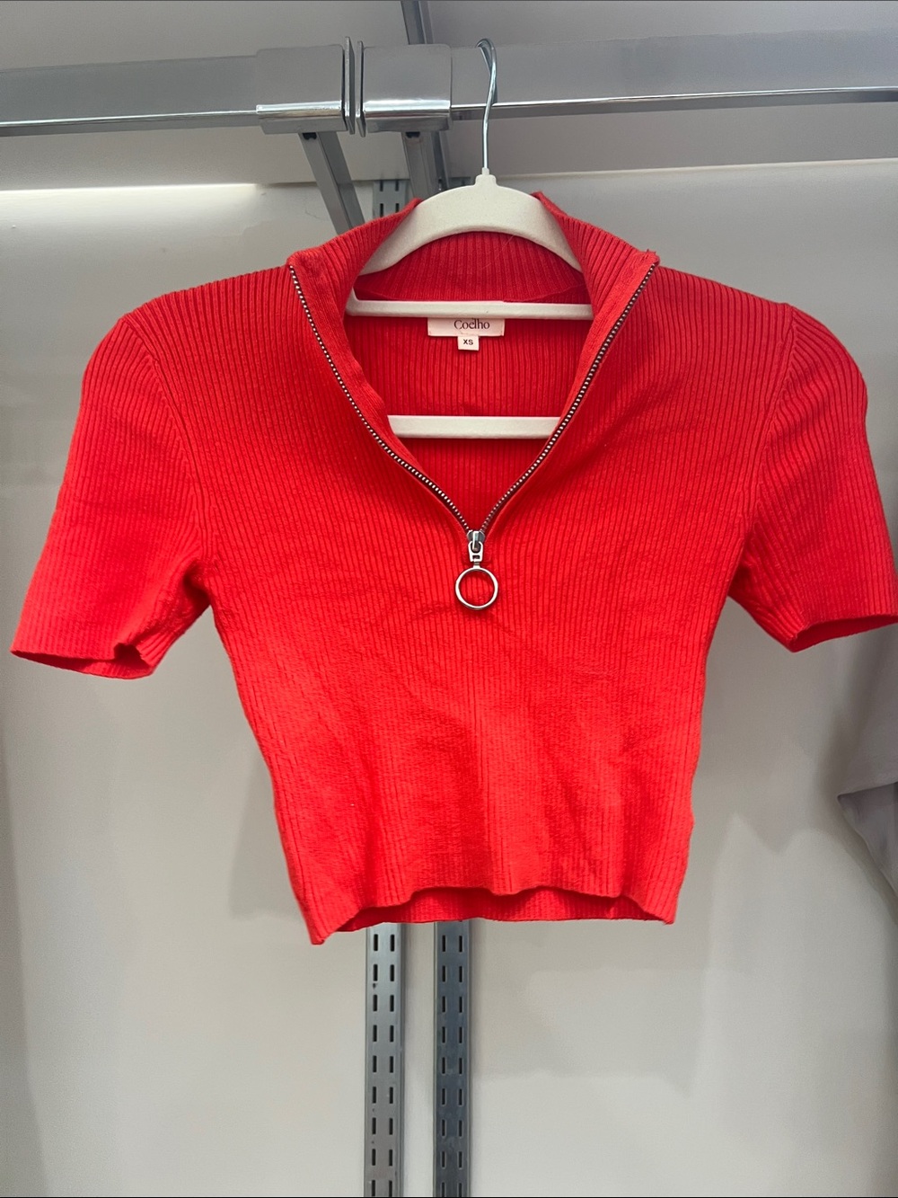 Camila Coelho Red Ribbed Zip Crop Top with Ring Pull